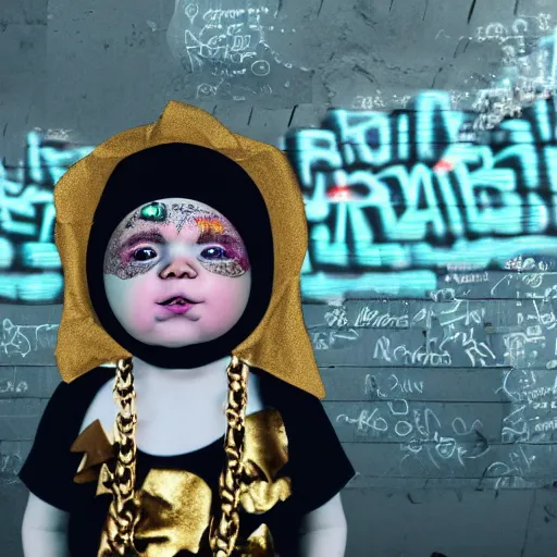 Image similar to a high tech 3 d rendering of a a baby cherub angel wearing a balaclava face mask, ski mask, face covered, covered face, fixed eyes, tattoos, multiple gold cuban chain necklace, graffiti in background octane render, blender