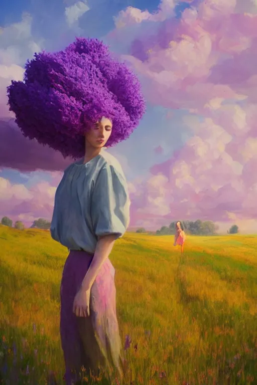 Image similar to portrait, giant lilac flower as head, girl in heather field, surreal photography, golden hour, colorful clouds, impressionist painting, digital painting, artstation, simon stalenhag