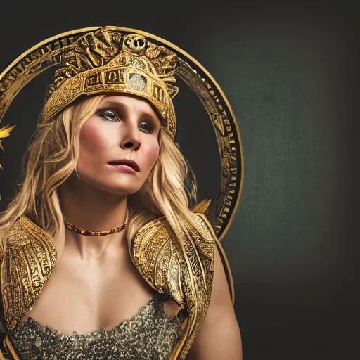 Image similar to Kristen Bell as a Greek Goddess, glowing, dramatic, Sony a7R IV, symmetric balance, polarizing filter, Photolab, Lightroom, 4K, Dolby Vision, Photography Award