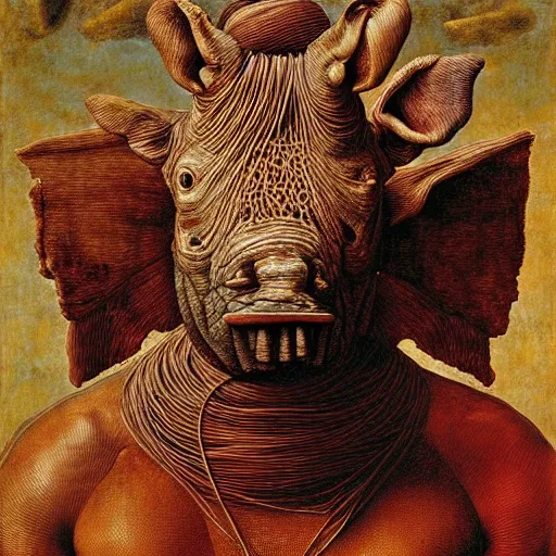 Image similar to half boy half rhino made of spaghetti, by giuseppe arcimboldo and ambrosius benson, renaissance, intricate and wet oil paint, a touch of beksinski, realistic