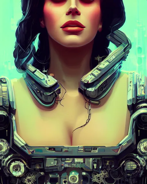 Image similar to portrait of lana del rey as a cyberpunk cyborg. roses, sci - fi, missing panels, intricate abstract, upper body, intricate artwork, by tooth wu, wlop, beeple, dan mumford. concept art, 8 k octane render, deviantart, greg rutkowski, cinematic, key art, hyperrealism, iridescent accents