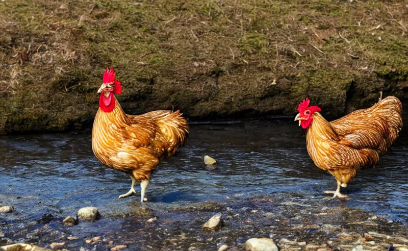 Prompt: Photograph of a chicken drinking from a river