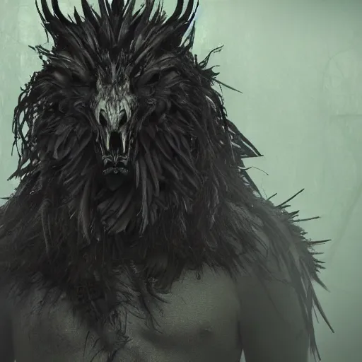 Image similar to werecreature consisting of a crow and a human, featured on artstation, photograph captured in a dark forest