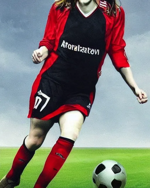 Image similar to emma watson as lokomotiv football player, hyper realistic, highly detailed