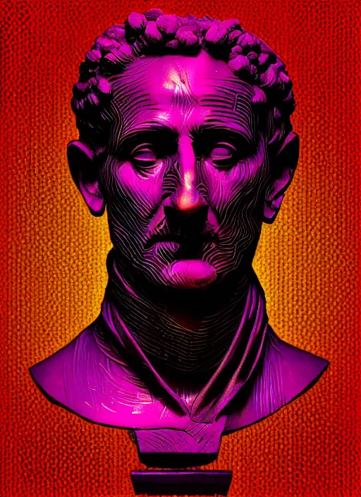 Image similar to black background with subtle red and purple design elements, bust of julius caesar, nekro, modern design, collage art, thin lines, dark, glitch art, neo vaporwave, gritty, layout frame, trending on artstation