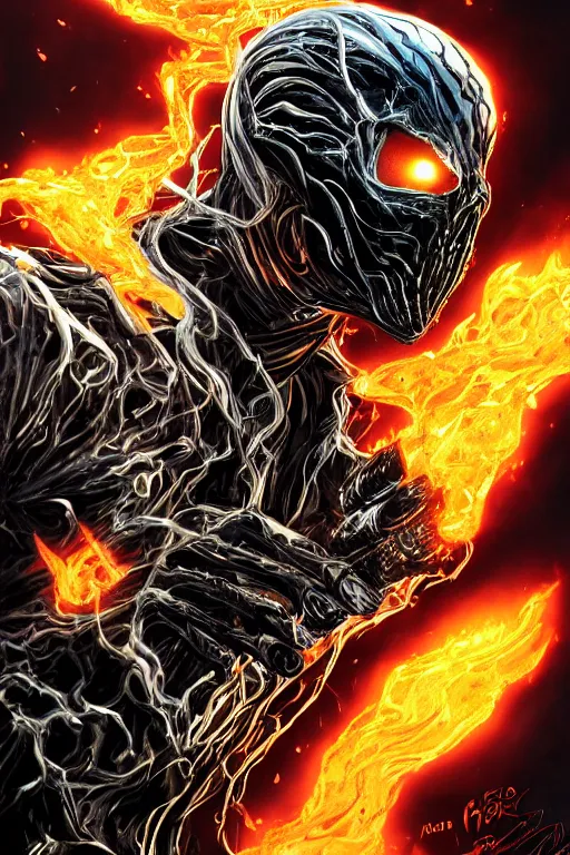 Image similar to ghost rider symbiote, comic strip style, dynamic lighting, fantasy concept art, trending on art station, stunning visuals, creative, cinematic, portrait, ultra detailed