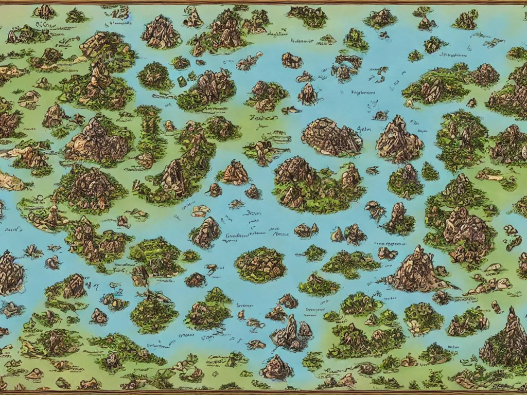 Image similar to an incredibly detailed map of a fantasy world with elaborate biomes and illustrations