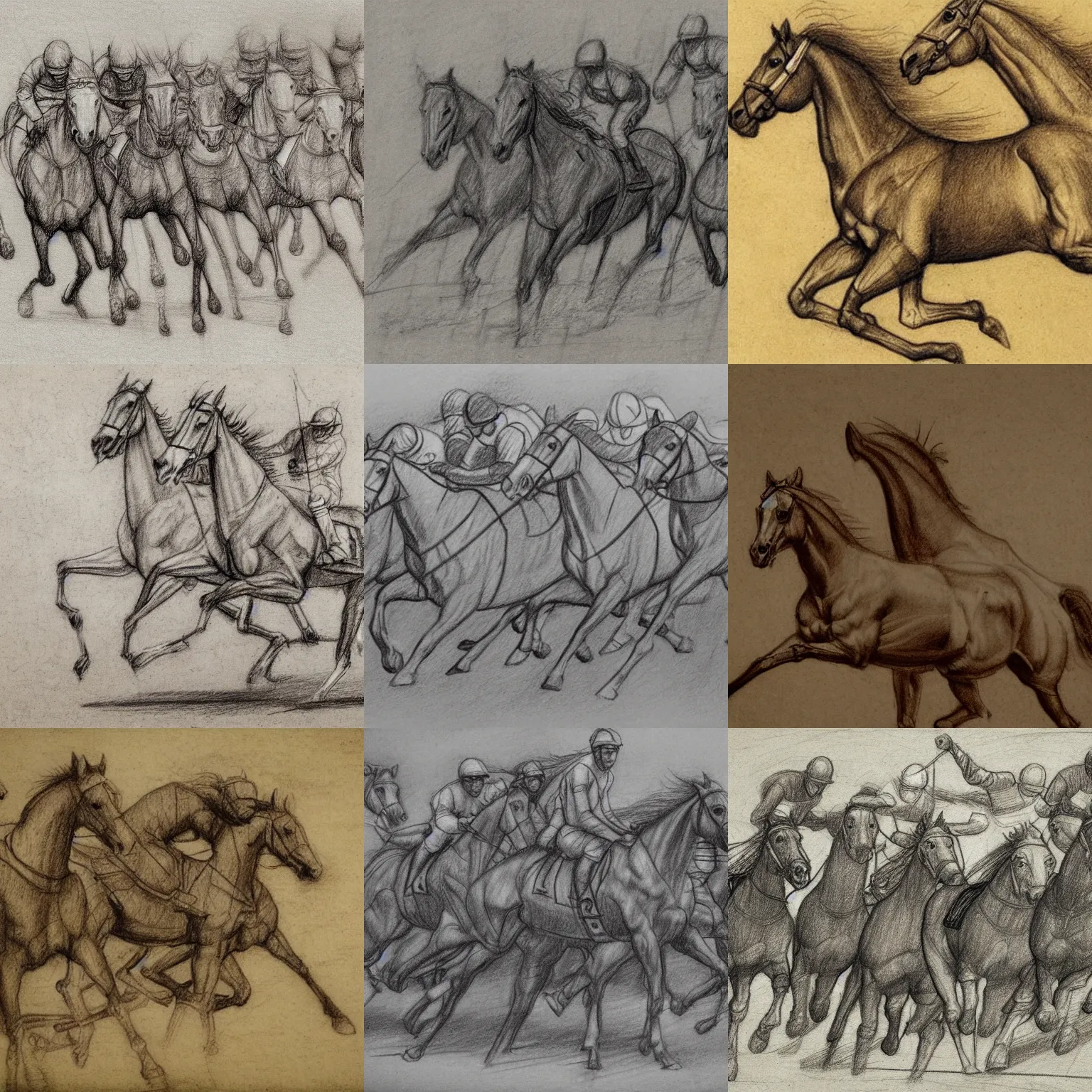 Prompt: horse racing pencil sketch by Leonardo da Vinci