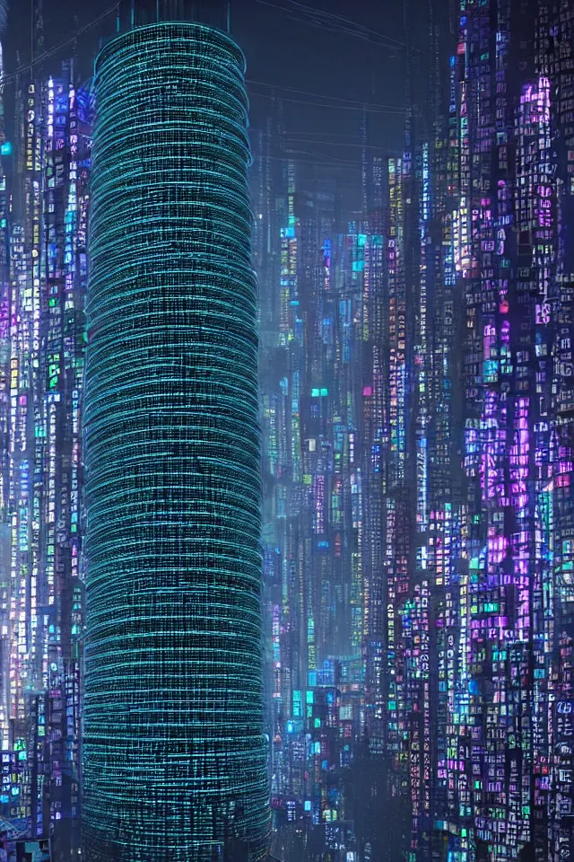 Prompt: cyberpunk tower made out of billions of stacked computer screens