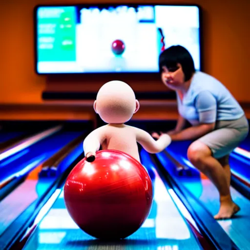 Image similar to a bowling ball with arms and legs holds a small human man in his hands in a bowling alley