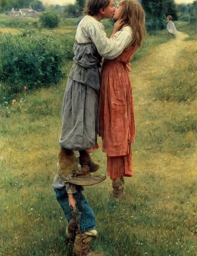 Prompt: peasant boy and girl first kiss, on a village, Cinematic focus, Polaroid photo, vintage, neutral colors, soft lights, foggy, by Steve Hanks, by Serov Valentin, by lisa yuskavage, by Andrei Tarkovsky 8k render, detailed, oil on canvas