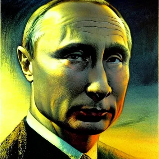 Prompt: frazetta portrait painting of vladimir putin , nighttime ,daytime , backlight , detailed visible brushmarks