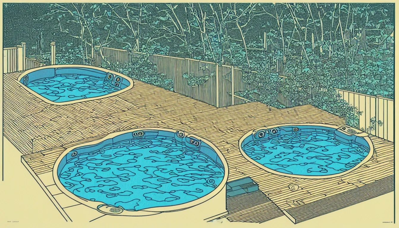 Image similar to hot tub in the backyard by woodblock print, moebius