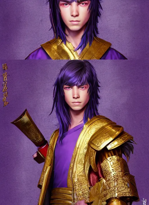 Image similar to An epic fantasy comic book style portrait painting of teenager boy with straight indigo hair, purple eyes with red eye markers, slim body, wearing a detailed Japanese kimono with golden armor pieces, holding a pair of fans. Unreal 5, DAZ, hyperrealistic, octane render, cosplay, RPG portrait, dynamic lighting