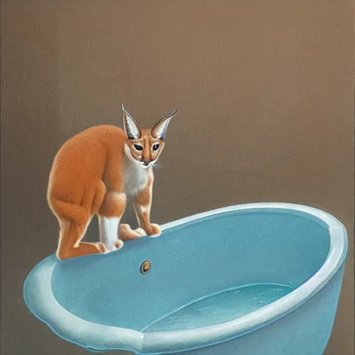 Image similar to cute caracal in bathtub, by Tristram James Ellis, Michelangelo