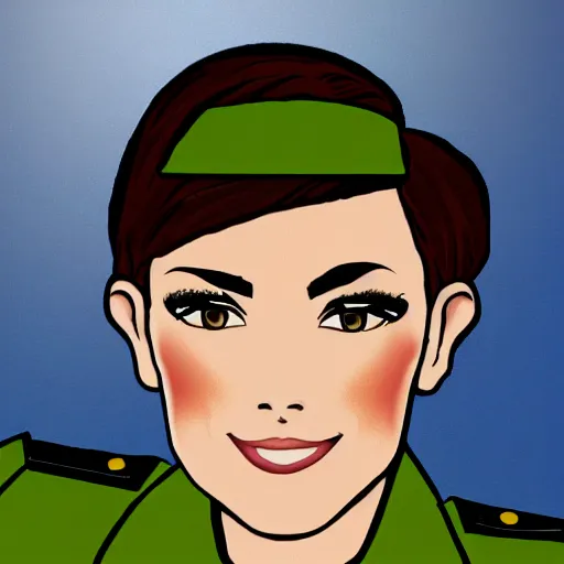 Image similar to brunette woman, short hair, flipped out ends hair, bright green eyes, fascistic military uniform, smirk, cartoon style