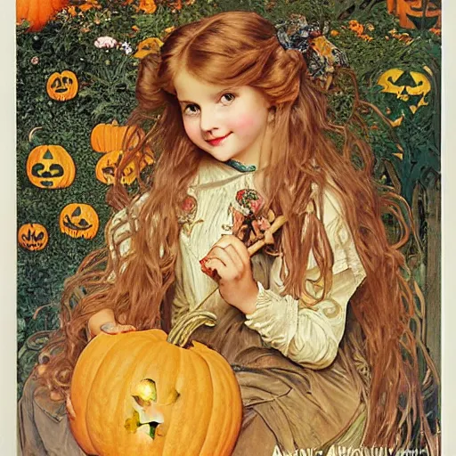 Image similar to a happy little girl with long straight golden blonde hair sitting amidst halloween decor, skulls and pumpkins. beautiful highly detailed face, beautiful painting by alphonse mucha and norman rockwell