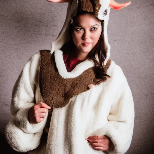 Prompt: portrait, woman in a sheep costume, on a theatre stage, stage lighting, editorial photography, 5 0 mm f / 1. 4