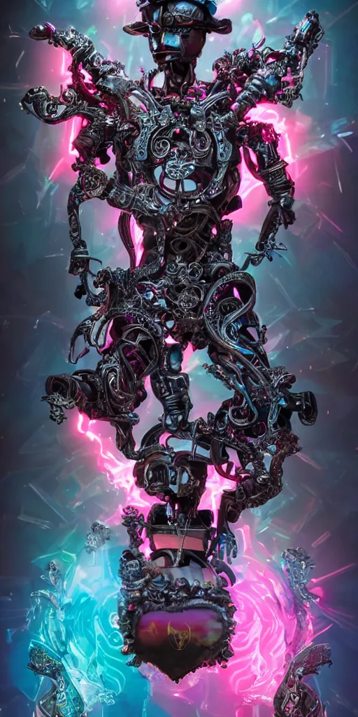 Prompt: full-body baroque and cyberpunk style sculpture of a young seductive Hispanic prince half android with a chest exposing a glowing gemstone battery, glowing pink seductive laser eyes, crown of blue gears and diamonds, swirling salmon-colored silk fabric, robotic raptors dinosaurs. baroque elements. full-length view. intricate artwork by caravaggio. art by Artgerm and Greg Rutkowski and Alphonse Mucha, Trending on artstation, cinematic industrial lighting, hyper realism, octane render, 8k, depth of field, 3D
