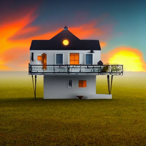 Prompt: a house floating above the clouds, sunset