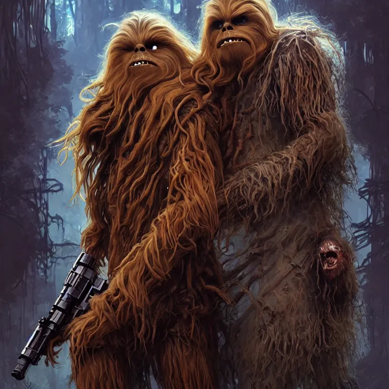 Prompt: scary star wars horrific zombie chewbacca and wookies with mange on the planet kashyyyk, dark fantasy, body horror, sores and scars, undead. highly detailed, biopunk, digital painting, by greg rutkowski, artgerm and alphonse mucha
