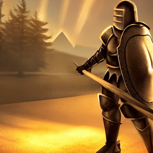 Prompt: knight holding an axe, photorealistic, warm lighting, epic