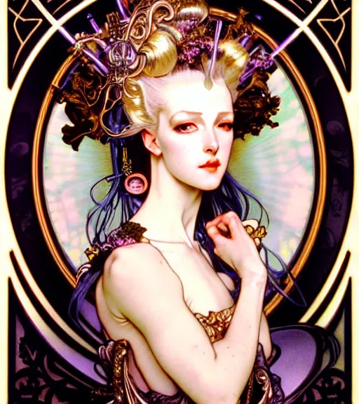 Prompt: realistic detailed face portrait of a young beautiful alien baroque cyberpunk marie antoinette wearing opulent armor by alphonse mucha, ayami kojima, amano, greg hildebrandt, and mark brooks, female, feminine, art nouveau, rococo cyberpunk, neo - gothic, gothic, character concept design