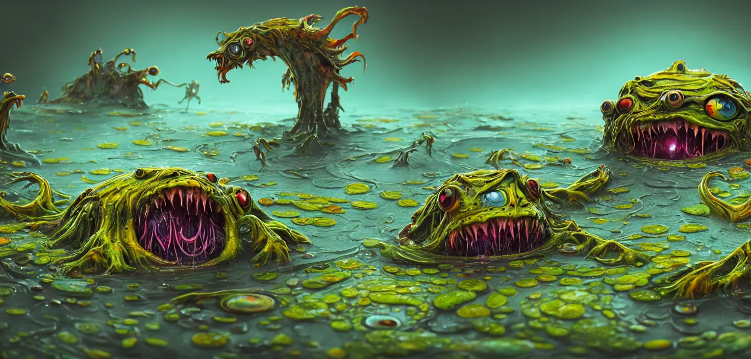 Prompt: intricate colourful murky pond with strange cute friendly big angry crazy creatures with huge eyes long tongue triangle teeth and scary face appearing from the water, in the style of craola, macro lens, shallow depth of field, highly detailed, digital painting, trending artstation, concept art, illustration, cinematic lighting, vibrant colors, photorealism, epic, octane render