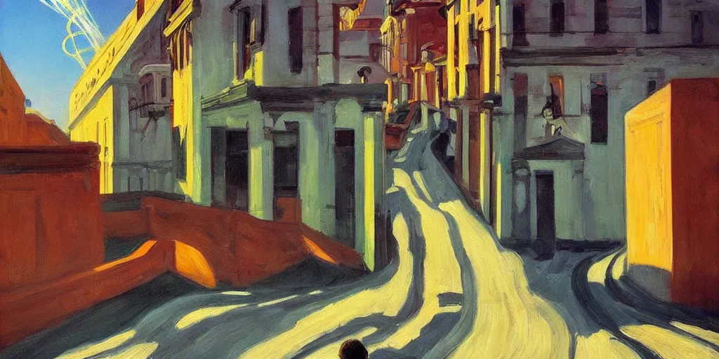 Image similar to street art. paralyzed by the indescribable beauty of the cosmos. amazing view of the electric trail from city of sintra. art style by edward hopper daring, incredible