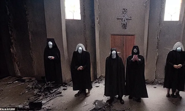 Image similar to cultists dressed in robes with masks and gloves, burnt church interior, ceremonial, realistic photo, cctv footage, investigative footage