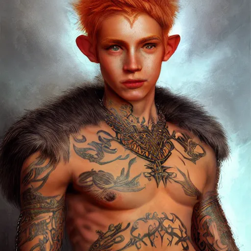 Image similar to portrait painting of an elven young man with short light orange hair and tribal tattoos on his face wearing fur armor, sharp focus, award - winning, trending on artstation, masterpiece, highly detailed, intricate. art by james ryman