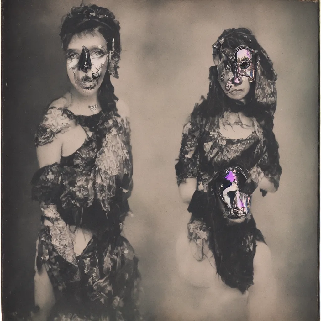 Image similar to tintype of an iridescent girl with black goat mask, hyperrealistic, detailed