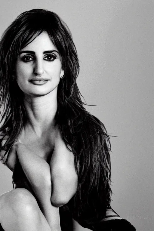 Image similar to photo portrait of penelope cruz, realistic, black and white, in style of phil borges