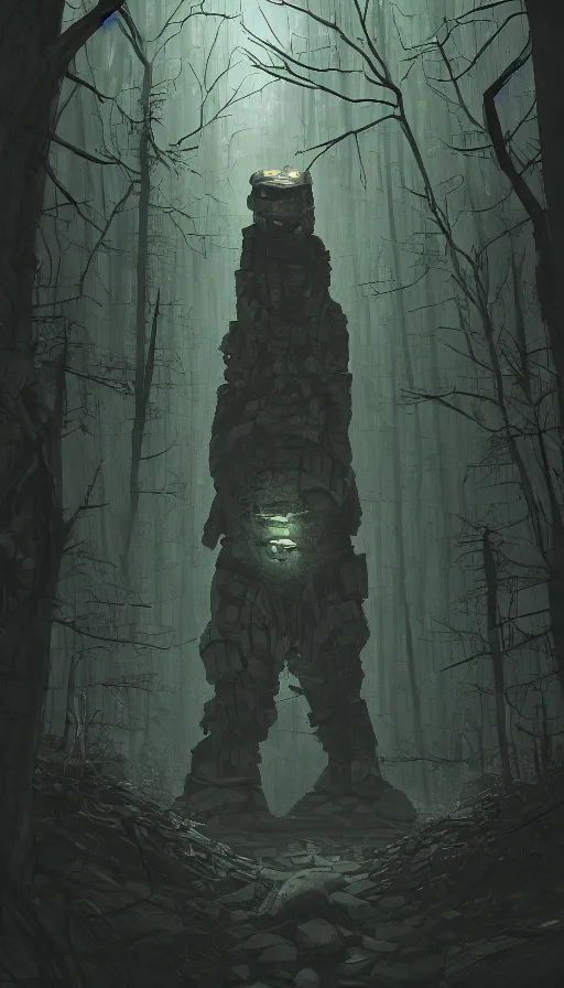 Image similar to stone golem, true evil, dormant, cyberpunk forest, nearby, sharp focus, james gilleard, cinematic, game art, extremely detailed digital painting, print