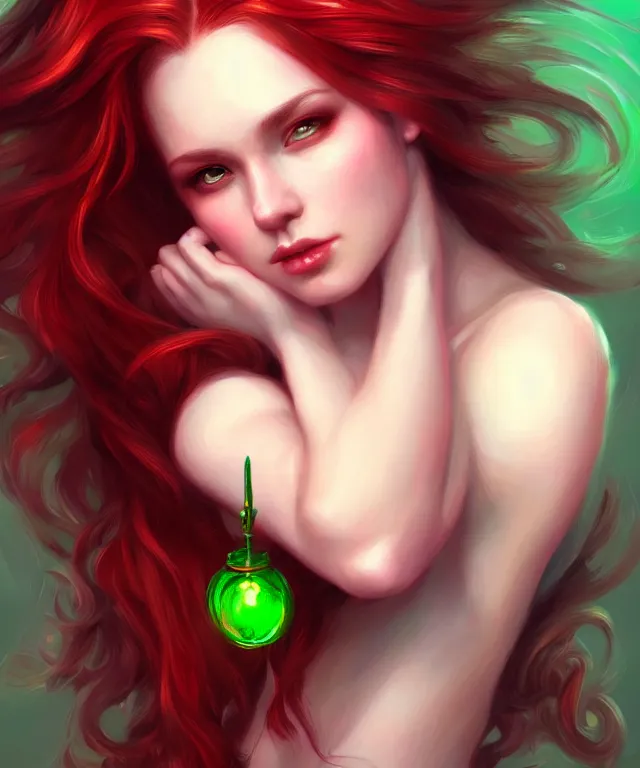 Image similar to Fae teenage girl, portrait, face, long red hair, green highlights, fantasy, intricate, elegant, highly detailed, digital painting, artstation, concept art, smooth, sharp focus, illustration, art by artgerm