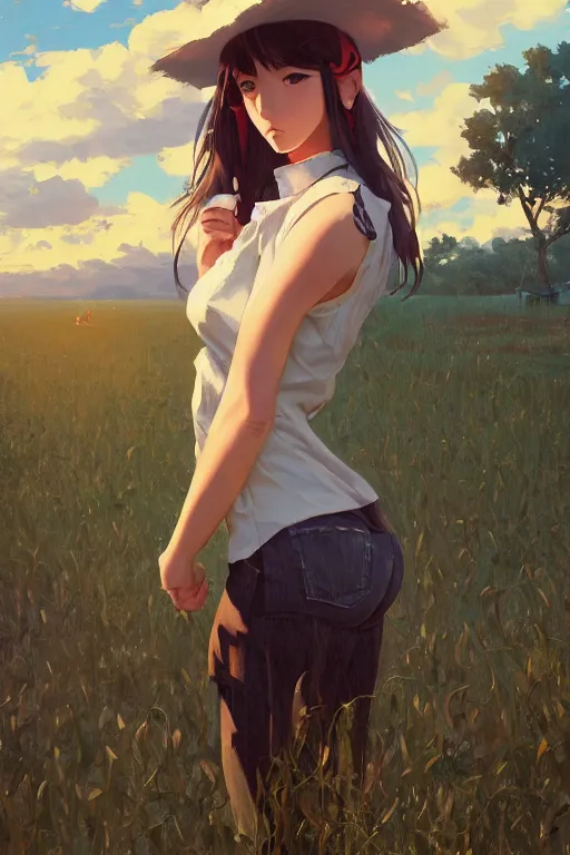 Image similar to a farmer girl, full shot, intriguing outfit, fine - face, realistic shaded perfect body, fine details. night setting. very anime style. realistic shaded lighting poster by ilya kuvshinov katsuhiro, magali villeneuve, artgerm, jeremy lipkin and michael garmash, rob rey and kentaro miura style, trending on art station