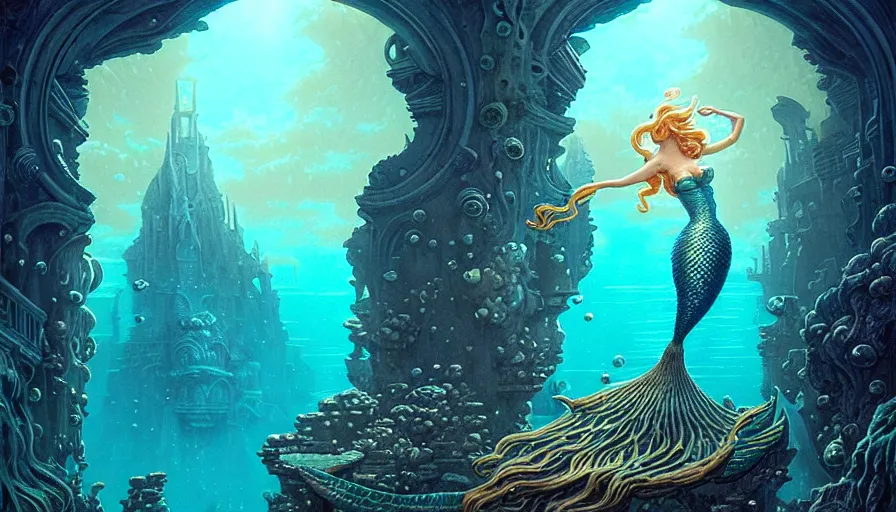 Image similar to a beautiful mermaid looking at the sunken city of Atlantis under water, rays of sunlight, stunning undersea intricate detailed grand architecture in the style of Joe Fenton, art style by Greg Rutkowski and Mohrbacher, graceful mermaid style by Tom Whalen, deep underwater scene, dark and moody, faint volumetric god rays, grim crushing atmosphere, trending on artstation, masterpiece, claustrophobic