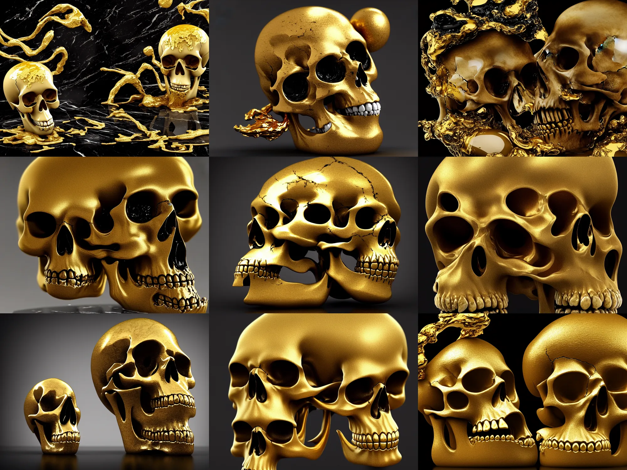 Prompt: beautiful 3 d render of a skull dripping liquid onyx by billelis + gold and marble sculpture + gold filigree + kintsugi, on a marble pedestal, moody, dramatic, marble columns in background, transcendent, clean linework, finely detailed, 4 k, trending on artstation, photorealistic, volumetric lighting, octane render