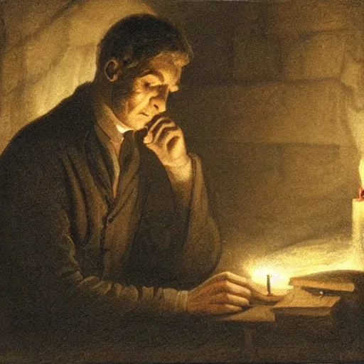 Image similar to A man sits in a dark and dingy room, the only light coming from a flickering candle, as he writes in a journal by the light of the flames, in a gothic and atmospheric style.