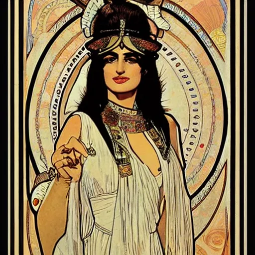 Image similar to a portrait of Penelope Cruz as a egyptian queen by Mucha.