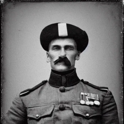 Image similar to A photograph portrait of Jerma985 with a pyramidal mustache as a soldier in the military in the mid-late 1800s, taken in the mid-late 1800s, 1860s, grainy, taken on a Field View Camera, realistic, hyperrealistic, very realistic, highly detailed, very detailed, extremely detailed, detailed, digital art, trending on artstation