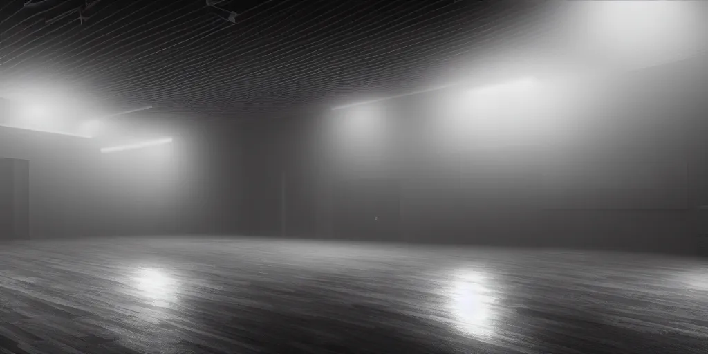 Image similar to a long angle shot of a big dark room with white lights on the celling, detailed, unreal engine, 4 k, dark, moody, foggy