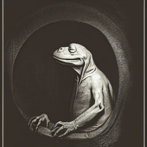 Image similar to traditional portrait of kermit in front of a window, close up, realistic, dramatic light, Chiaroscuro, illustration by Gustave Doré