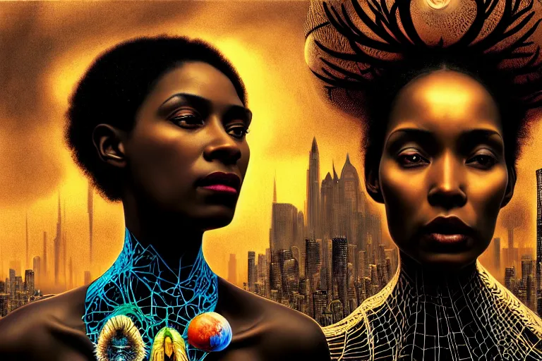 Image similar to realistic detailed photorealistic portrait movie shot of a beautiful black woman with a giant spider, dystopian city landscape background by denis villeneuve, amano, yves tanguy, alphonse mucha, ernst haeckel, david lynch, edward robert hughes, roger dean, cyber necklace, rich moody colours, cyber patterns, wide angle