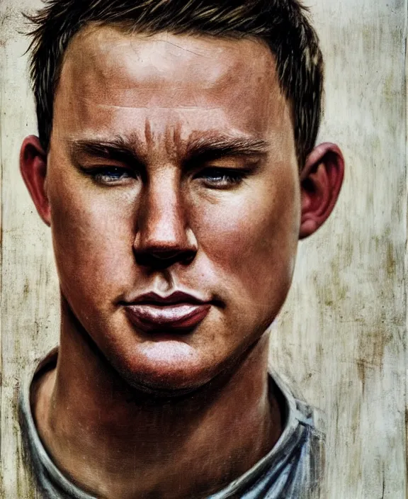 Image similar to portrait of channing tatum as an ohio farm boy, art by denys tsiperko and bogdan rezunenko and franz xaver kosler, hyperrealism