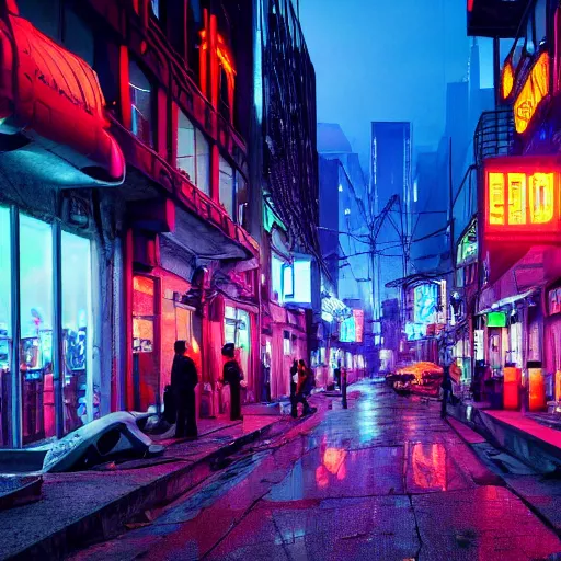 neon lit dystopian city street lined with broken | Stable Diffusion ...