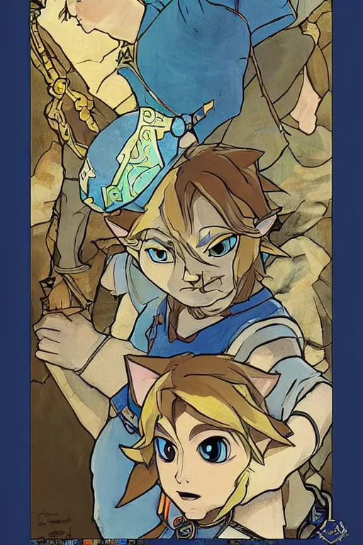 Prompt: link from The Legend of Zelda: Breath of the wild playing with a cat by and mucha,geometric shapes, hard edges ,Visual Communication Design