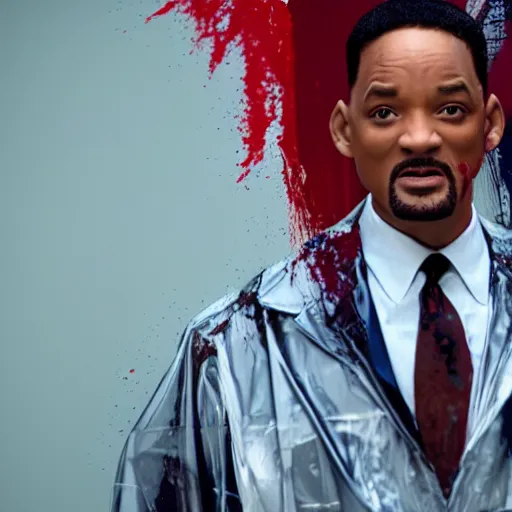 Image similar to Will Smith in American Psycho wearing a transparent raincoat with dark red splashes of paint, 4k