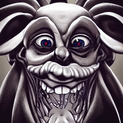 Image similar to A extremely highly detailed majestic hi-res beautiful, highly detailed head and shoulders portrait of a scary terrifying, horrifying, creepy goofy evil black cartoon rabbit with scary big eyes, earing a shirt laughing, hey buddy, let's be friends, in the style of Walt Disney