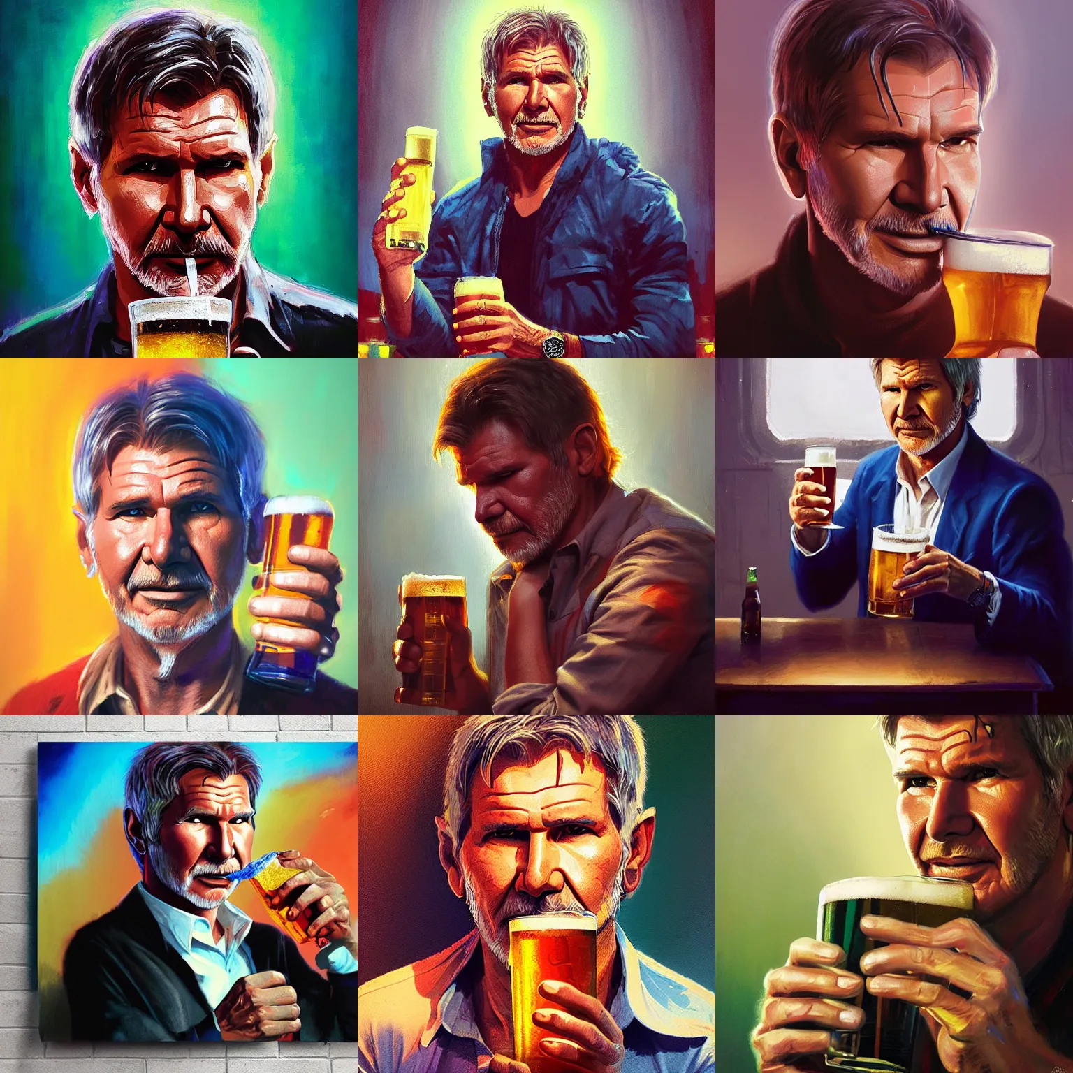 Prompt: head and shoulders masterpiece portrait of harrison ford drinking a beer, colorful, contrast, 3 d scene, greg rutkowski, zabrocki, karlkka, jayison devadas, trending on artstation, 8 k, ultra wide angle, zenith view, pincushion lens effect